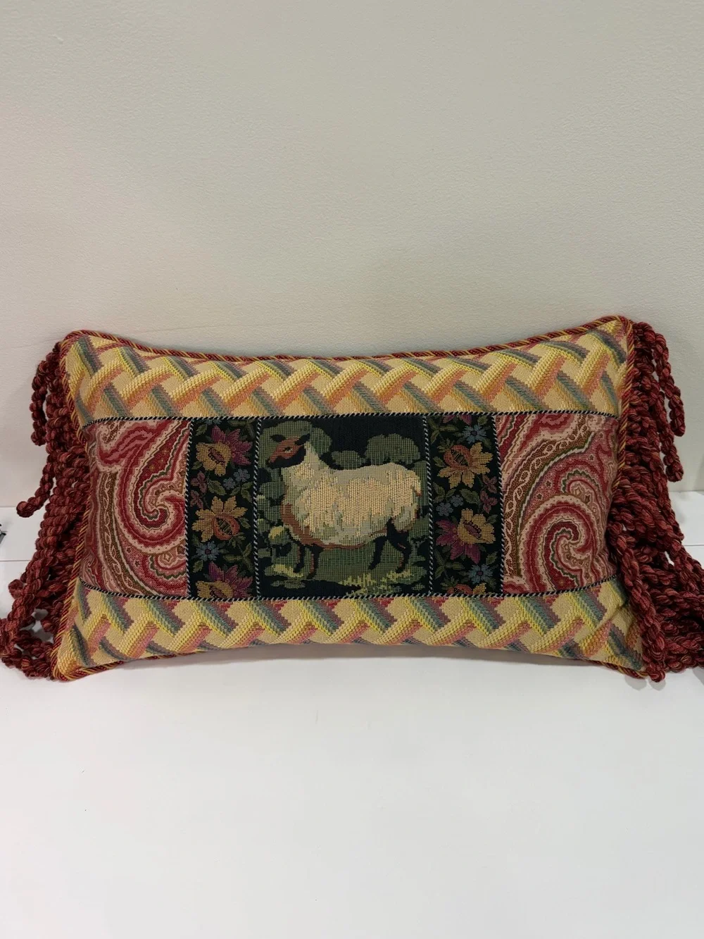 Sweet Dreams Inc Sheep Tapestry Tassel Lumbar Pillow Cottagecore Grandmillennial